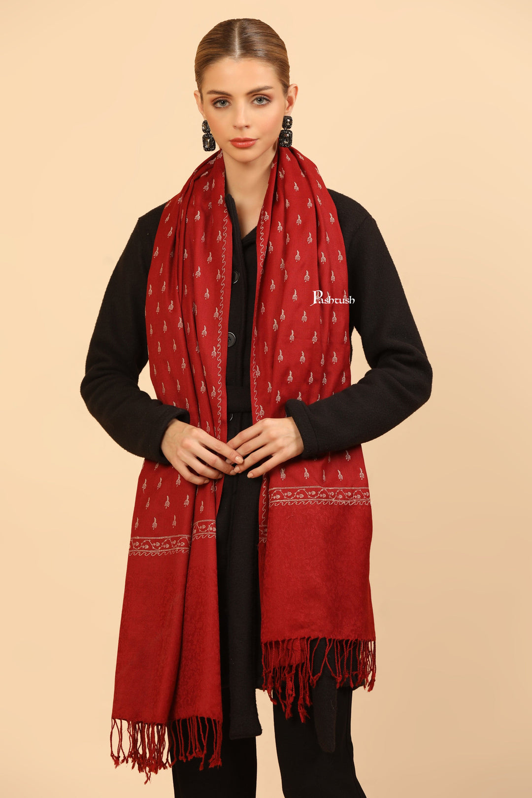 Pashtush India Womens Stoles Pashtush Womens Fine Wool Stole, Tone On Tone Embroidery Design, Maroon