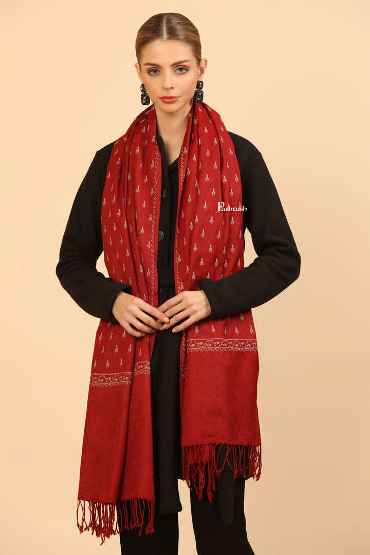 Pashtush India Womens Stoles Pashtush Womens Fine Wool Stole, Tone On Tone Embroidery Design, Maroon
