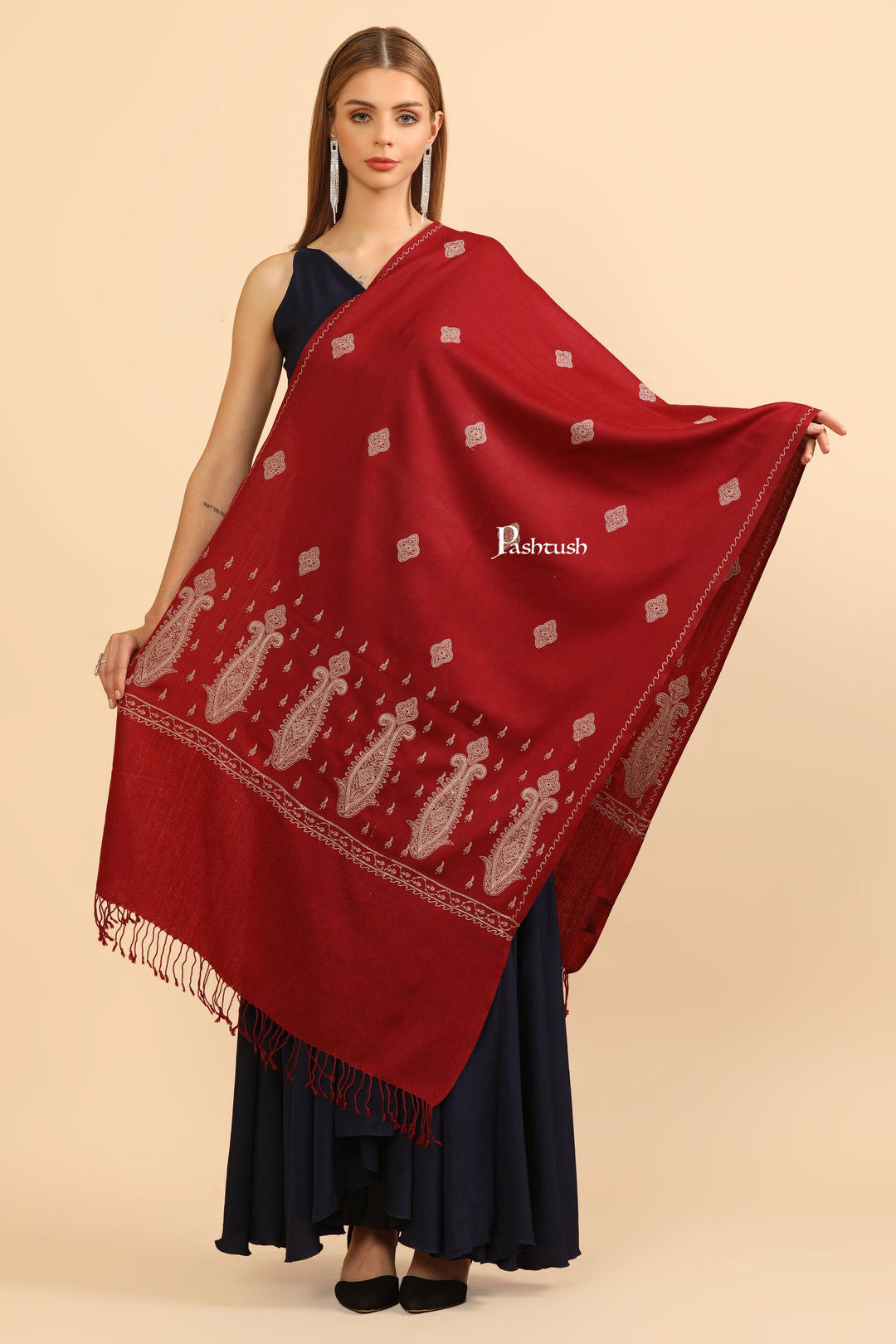 Pashtush India Womens Stoles Pashtush Womens Fine Wool Stole, Tone On Tone Embroidery Design, Maroon