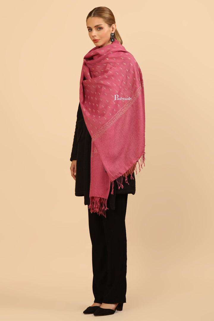 Pashtush India Womens Stoles Pashtush Womens Fine Wool Stole, Tone On Tone Embroidery Design, Pink