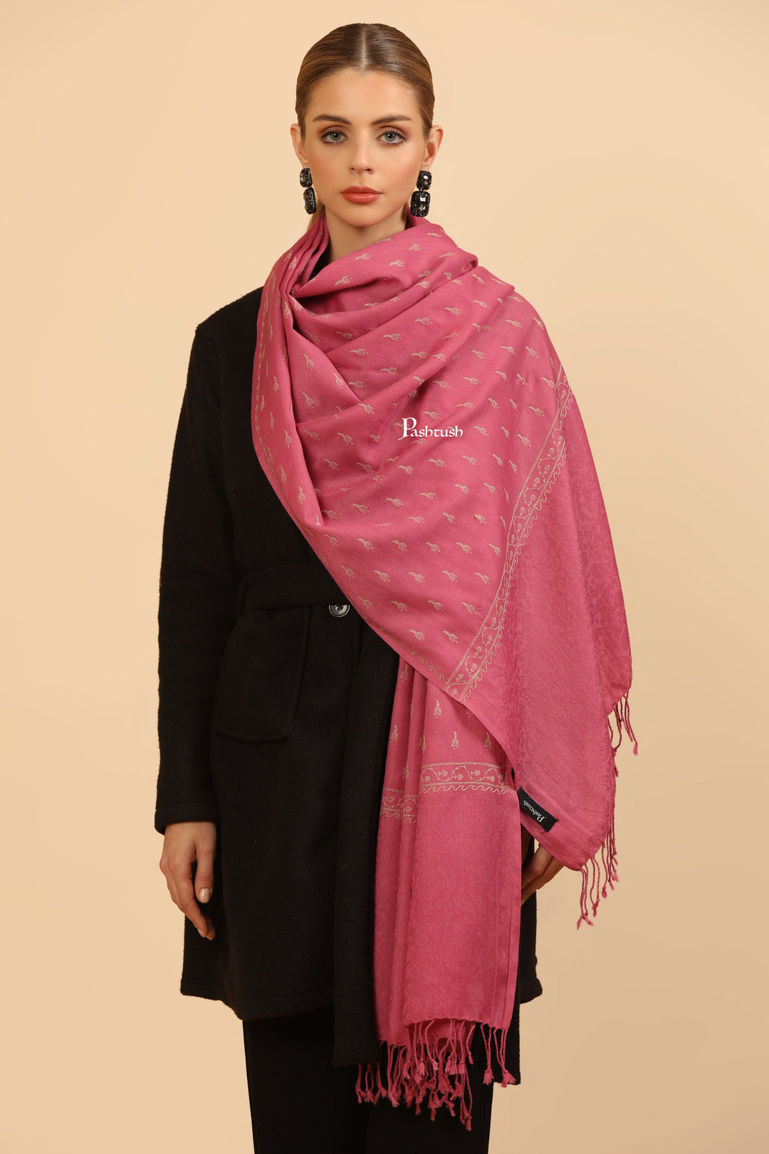 Pashtush India Womens Stoles Pashtush Womens Fine Wool Stole, Tone On Tone Embroidery Design, Pink