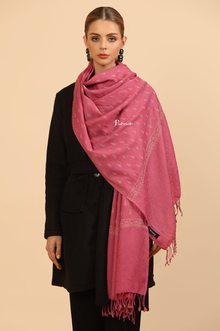 Pashtush India Womens Stoles Pashtush Womens Fine Wool Stole, Tone On Tone Embroidery Design, Pink