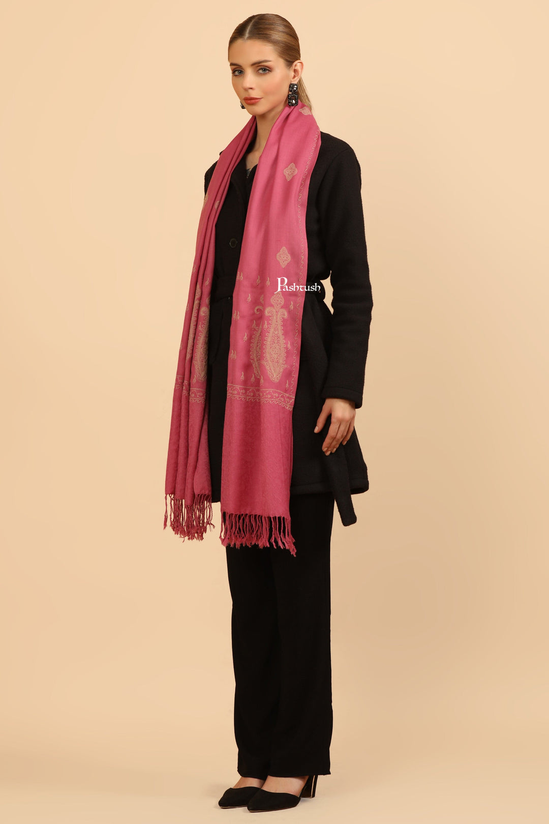 Pashtush India Womens Stoles Pashtush Womens Fine Wool Stole, Tone On Tone Embroidery Design, Pink