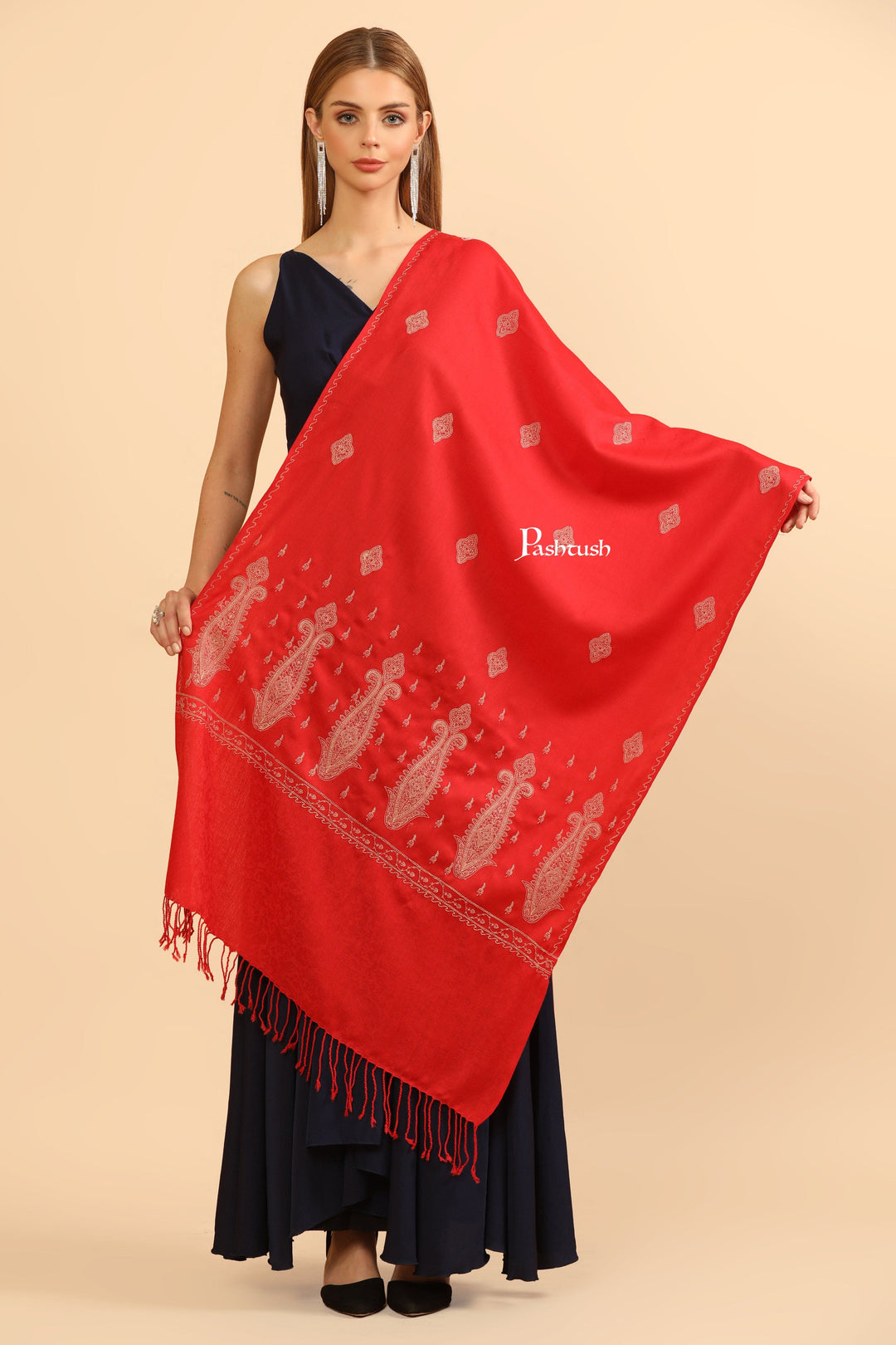 Pashtush India Womens Stoles Pashtush Womens Fine Wool Stole, Tone On Tone Embroidery Design, Red