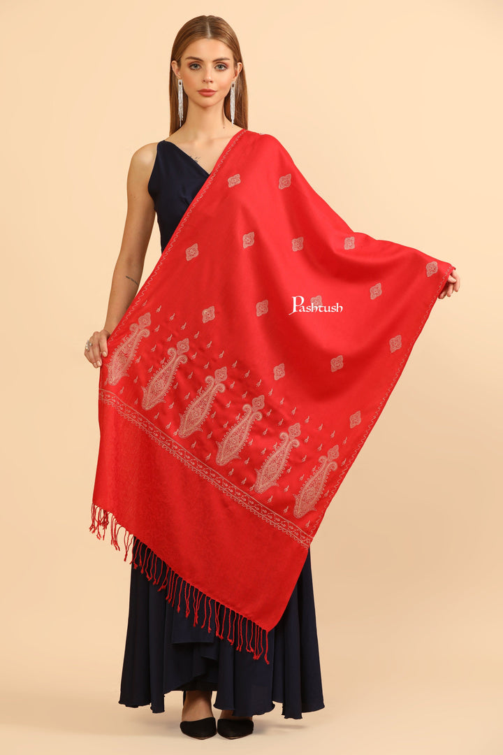Pashtush India Womens Stoles Pashtush Womens Fine Wool Stole, Tone On Tone Embroidery Design, Red