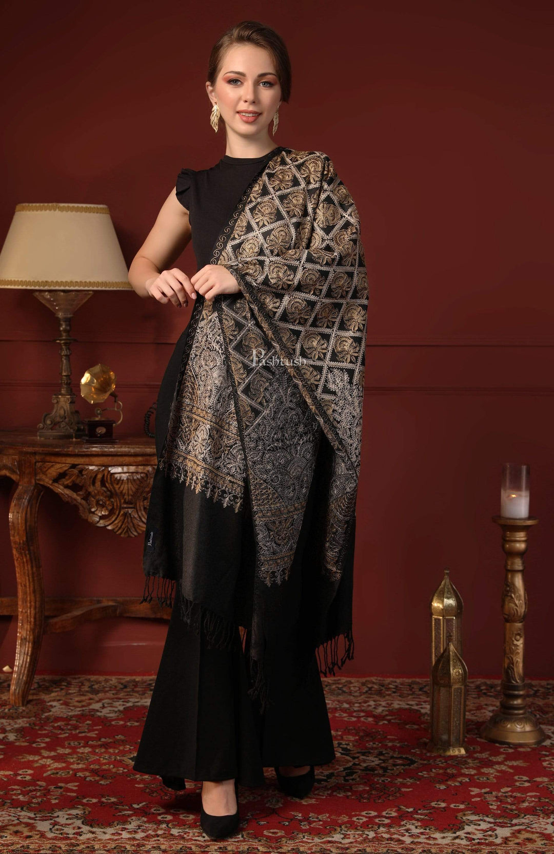 Pashtush India 70x200 Pashtush Womens Fine Wool Stole with Nalki Embroidery, Black
