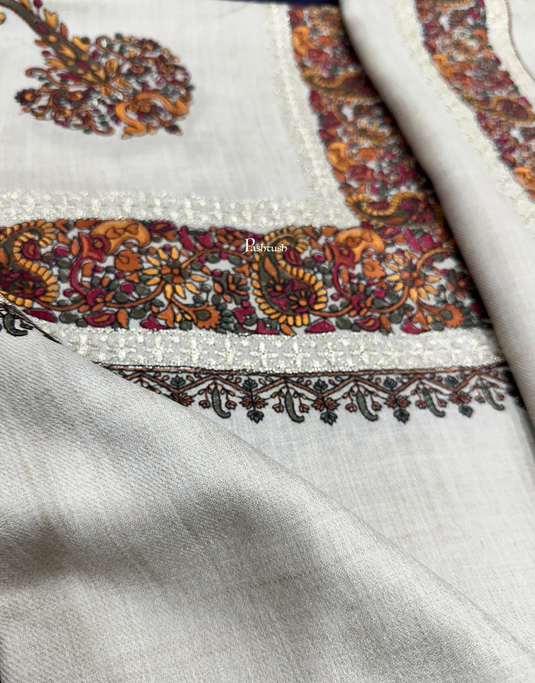 Pashtush India Womens Shawls Pashtush Womens Fine Wool Tilla Border Shawl, Challa Daur with Metallic Detailing, Off White