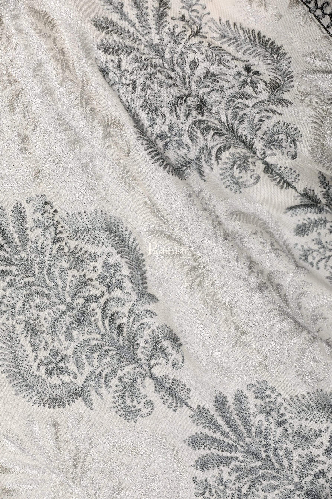 Pashtush Store Stole Pashtush Womens Fine Woollen, Silky Nalki Embroidery Needlework Stole, White