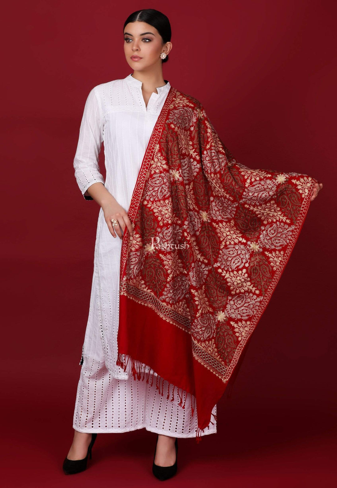 Pashtush Store Stole Pashtush Womens Fine Woollen, Silky Thread Nalki Embroidery Stole, Maroon