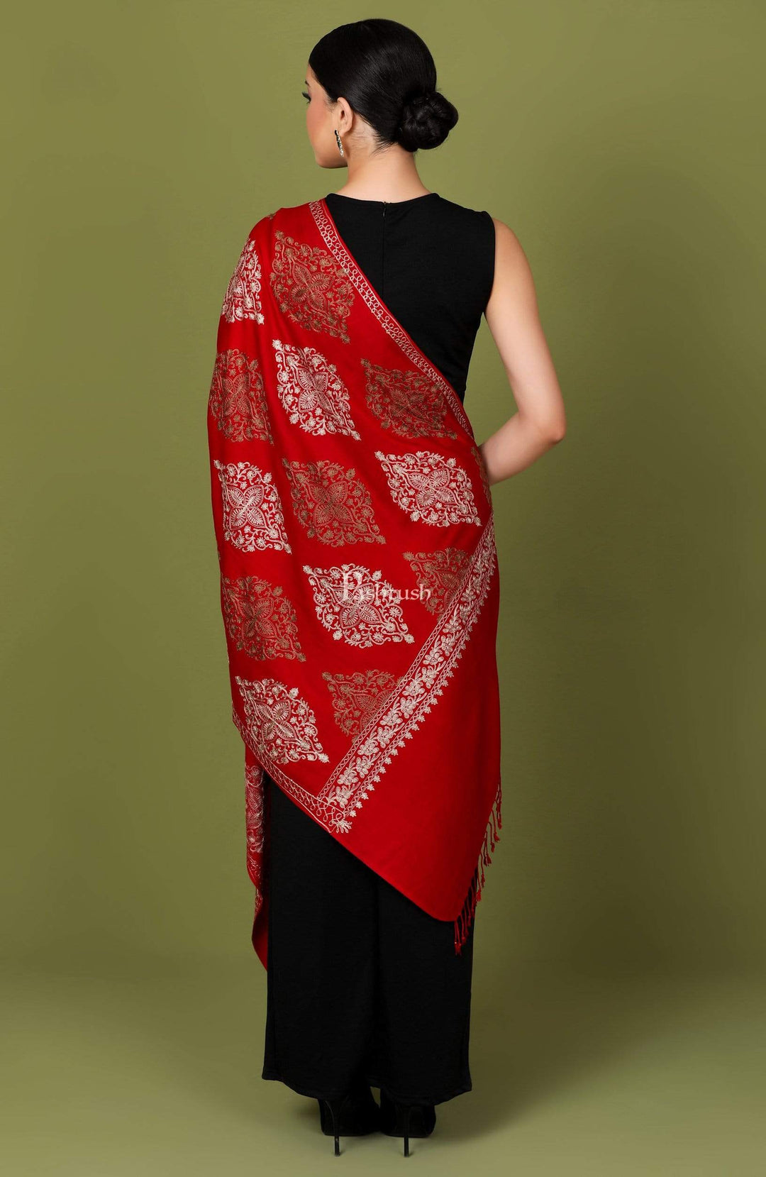 Pashtush Store Stole Pashtush Womens Fine Woollen, Silky Thread Nalki Embroidery Stole, Maroon