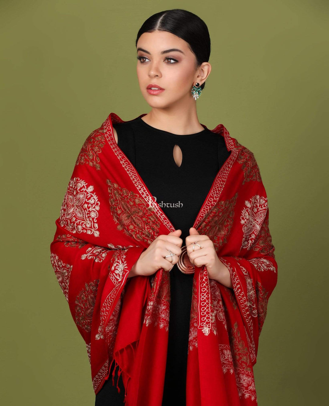 Pashtush Store Stole Pashtush Womens Fine Woollen, Silky Thread Nalki Embroidery Stole, Maroon