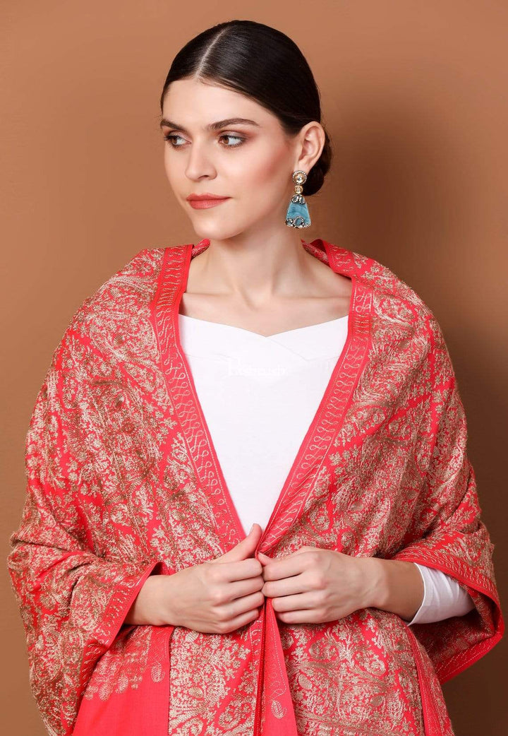 Pashtush Store Stole Pashtush Womens Fine Woollen, Silky Thread Nalki Embroidery Stole, Peach