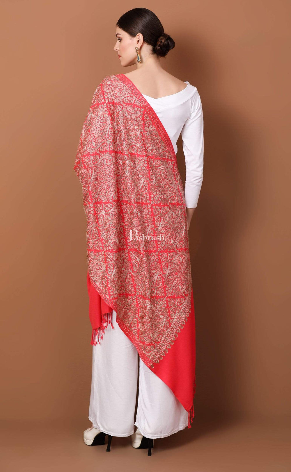 Pashtush Store Stole Pashtush Womens Fine Woollen, Silky Thread Nalki Embroidery Stole, Peach