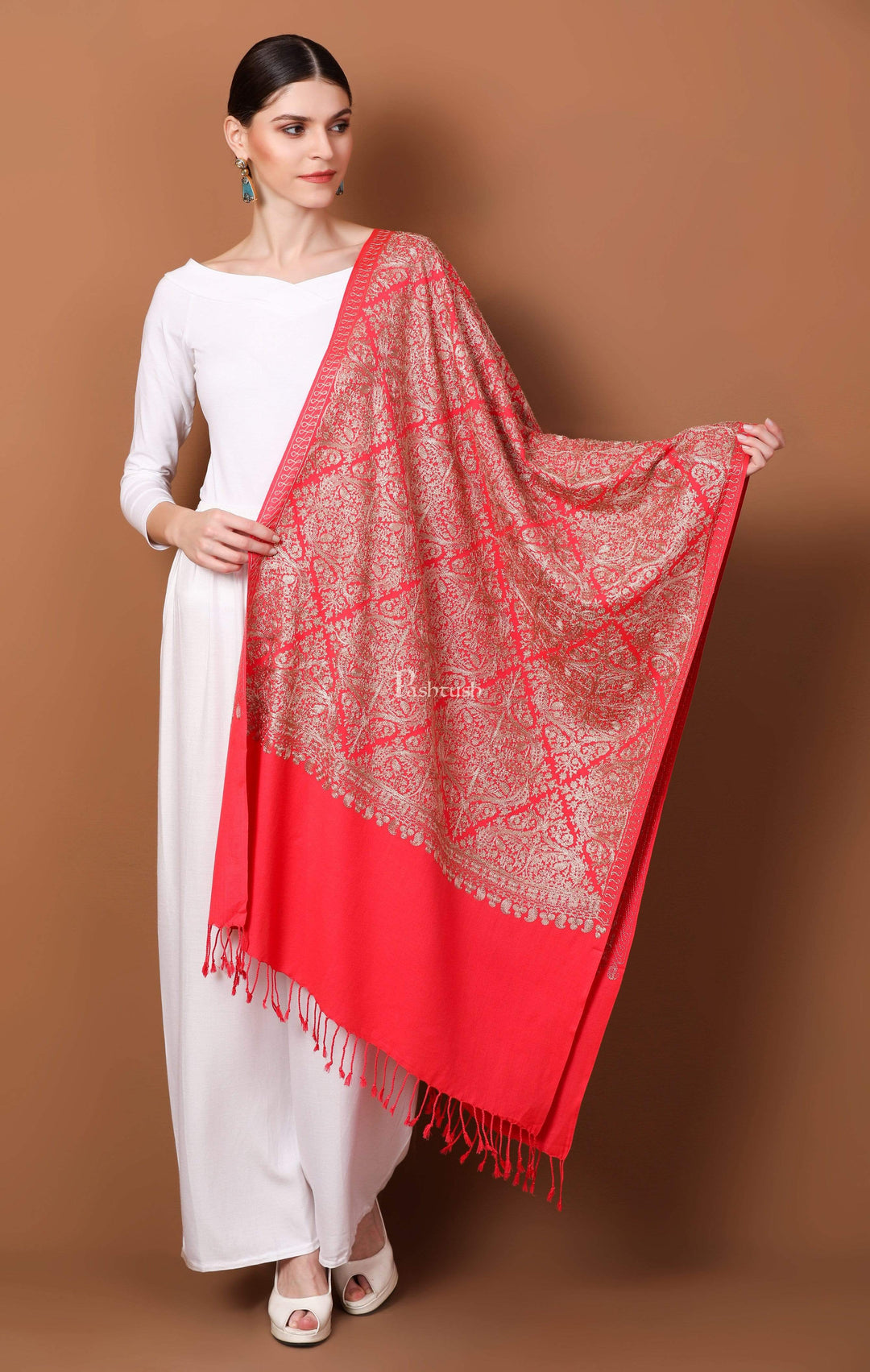 Pashtush Store Stole Pashtush Womens Fine Woollen, Silky Thread Nalki Embroidery Stole, Peach