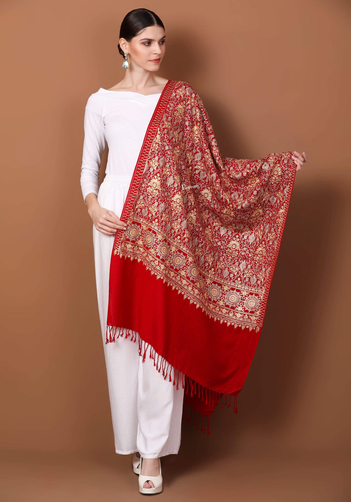 Pashtush Store Stole Pashtush Womens Fine Woollen, Silky Thread Nalki Embroidery Stole, Red