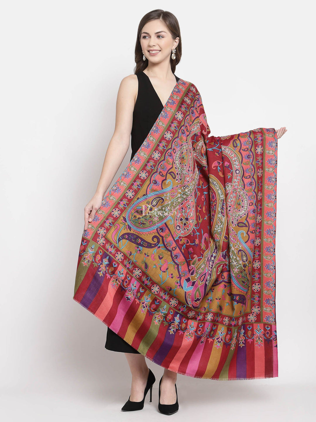 Pashtush India Womens Shawls Pashtush Womens Hand Embroidered Kalamkari Shawl, Fine Wool