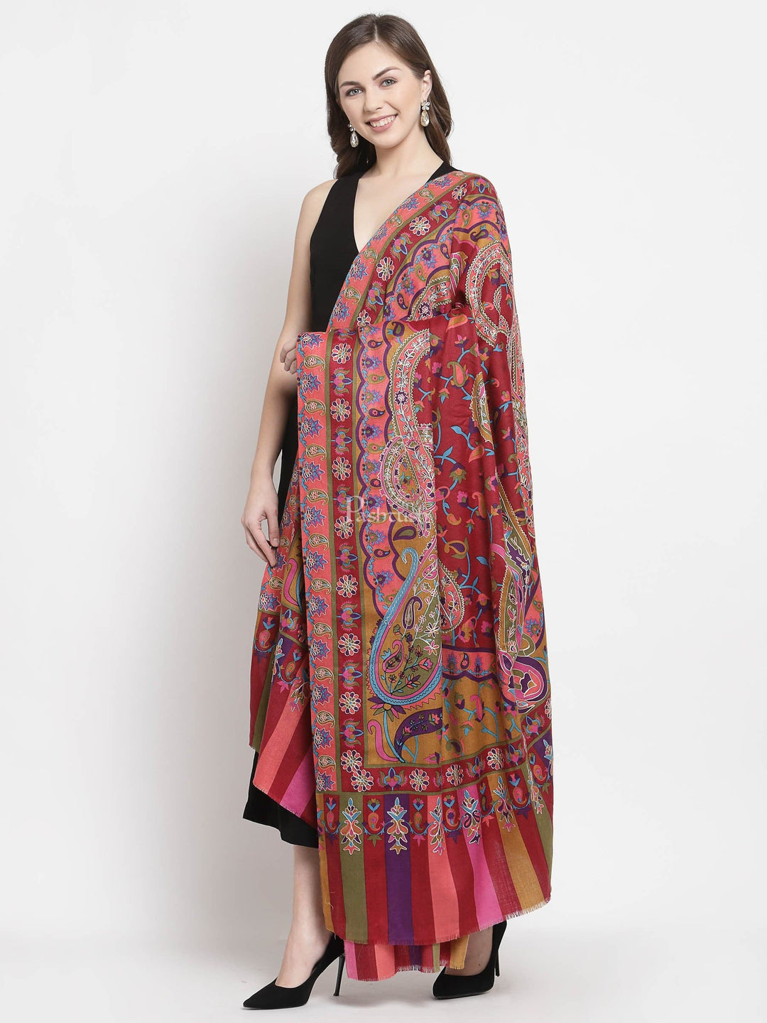 Pashtush India Womens Shawls Pashtush Womens Hand Embroidered Kalamkari Shawl, Fine Wool