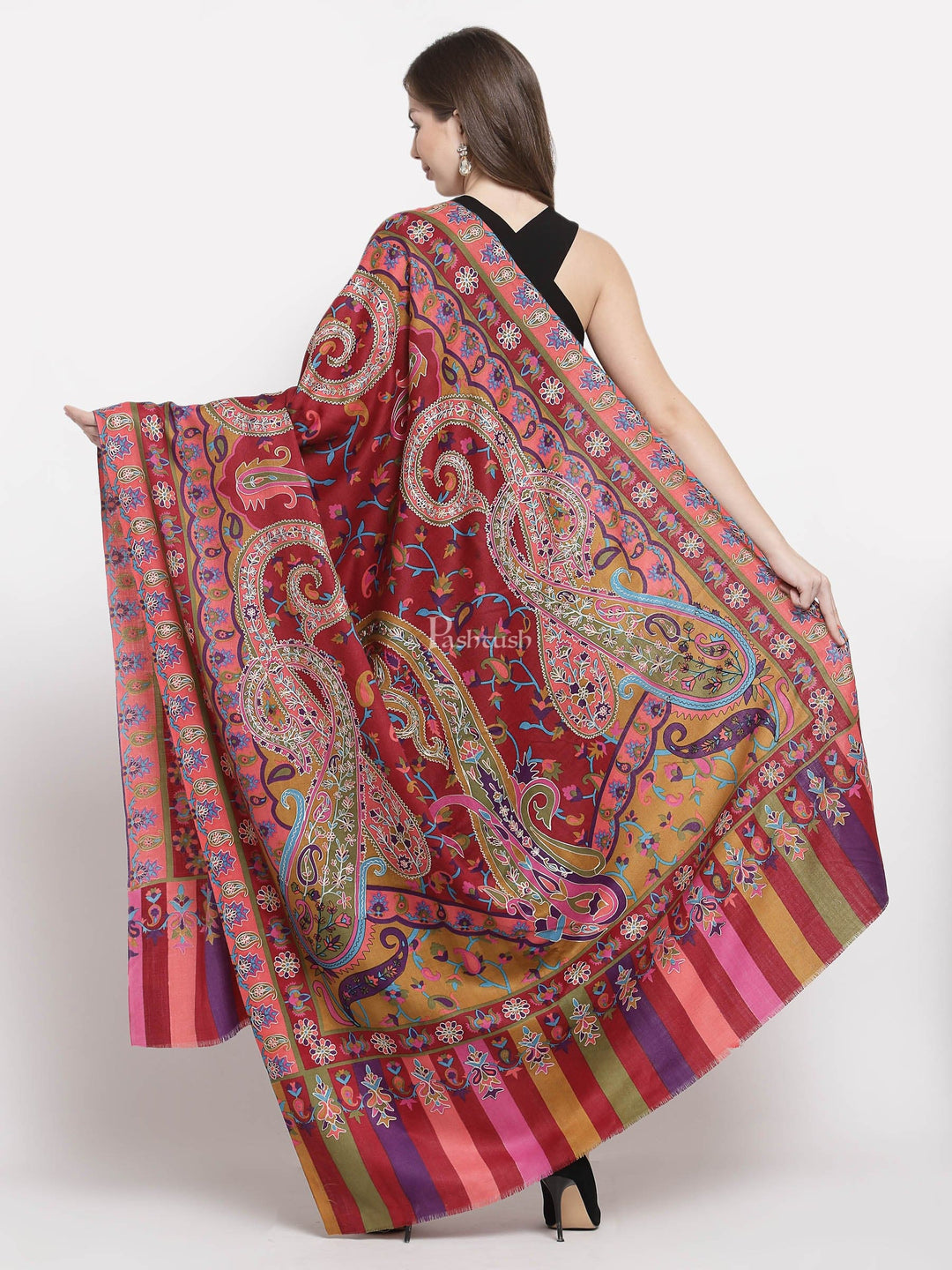 Pashtush India Womens Shawls Pashtush Womens Hand Embroidered Kalamkari Shawl, Fine Wool
