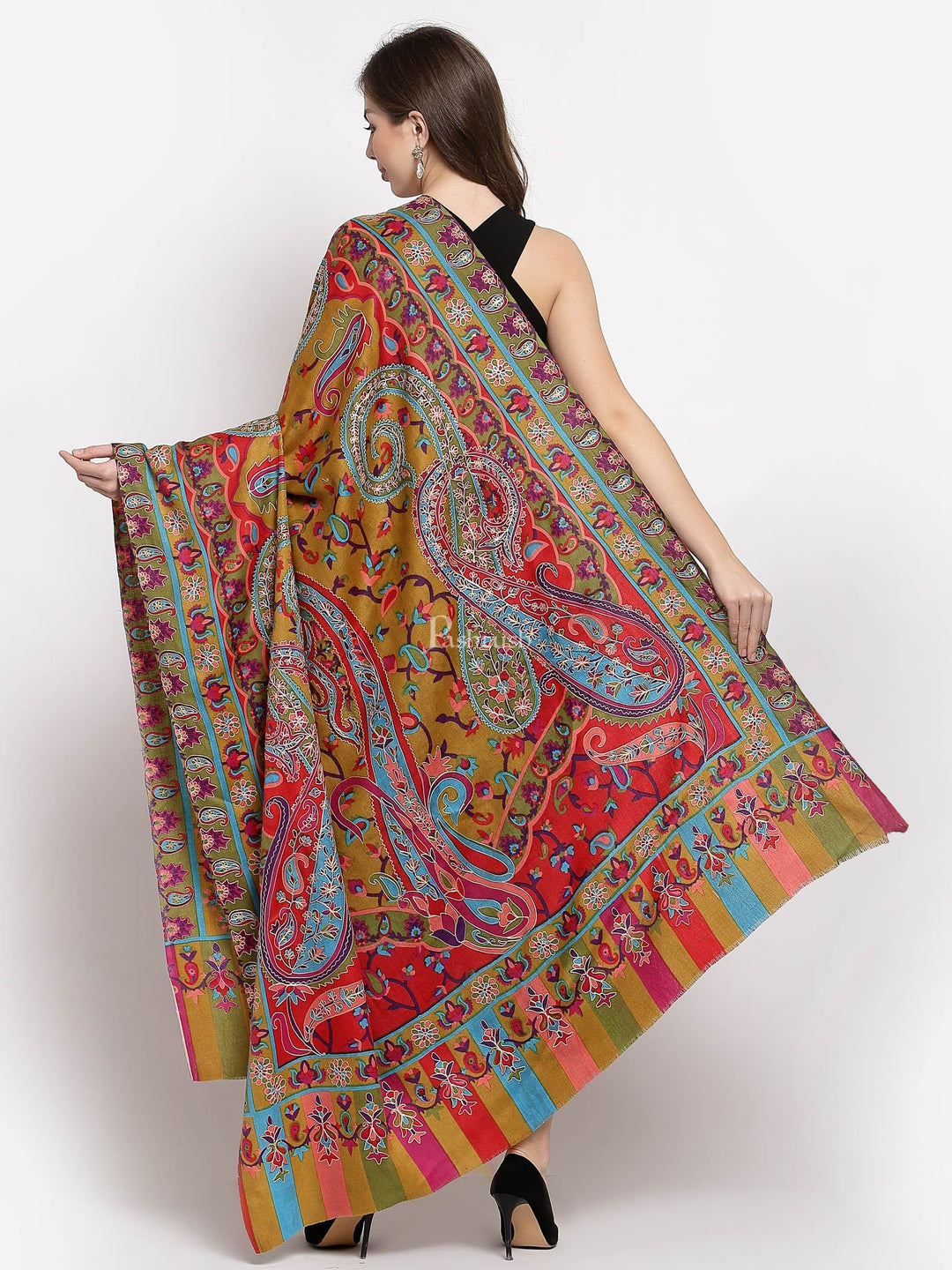 Pashtush India Womens Shawls Pashtush Womens Hand Embroidered Kalamkari Shawl, Soft And Warm, Light Weight Fine Wool