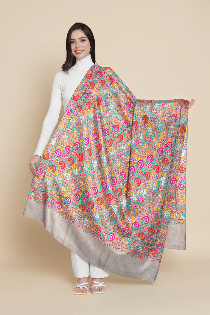 Pashtush India Womens Shawls Pashtush Womens, Handmade Pashmina Embroidery Shawl, Gulaabdar Papier Mache Embroidery with Resham Threadwork
