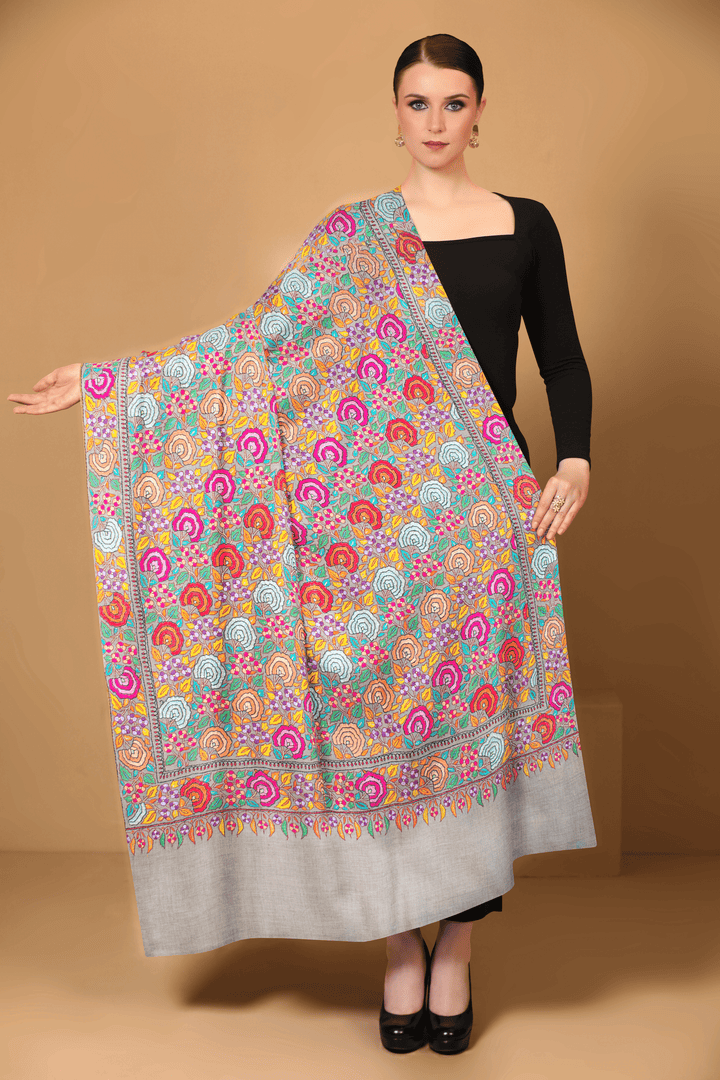 Pashtush India Womens Shawls Pashtush Womens, Handmade Pashmina Embroidery Shawl, Gulaabdar Papier Mache Embroidery with Resham Threadwork