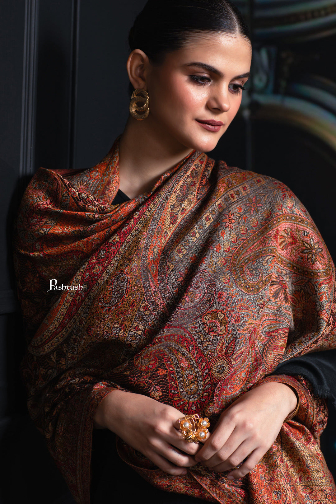 Pashtush India Womens Shawls Pashtush Womens Jamawar Shawl, Ethnic Paisley Design, Black