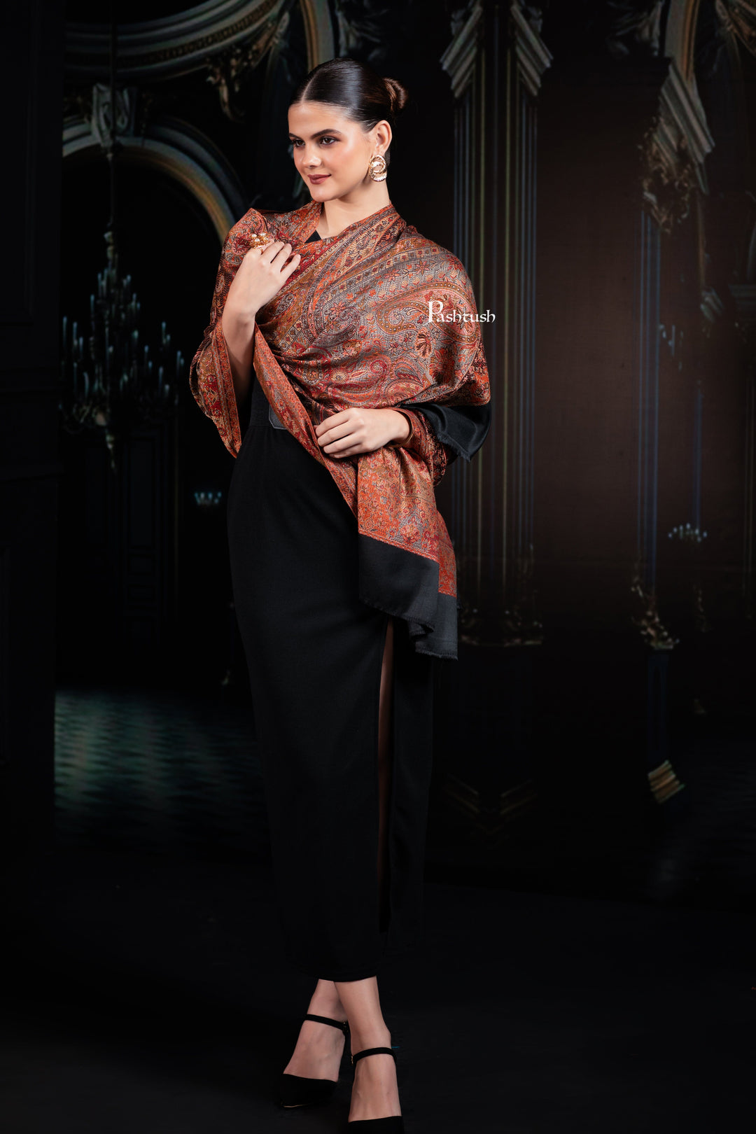 Pashtush India Womens Shawls Pashtush Womens Jamawar Shawl, Ethnic Paisley Design, Black