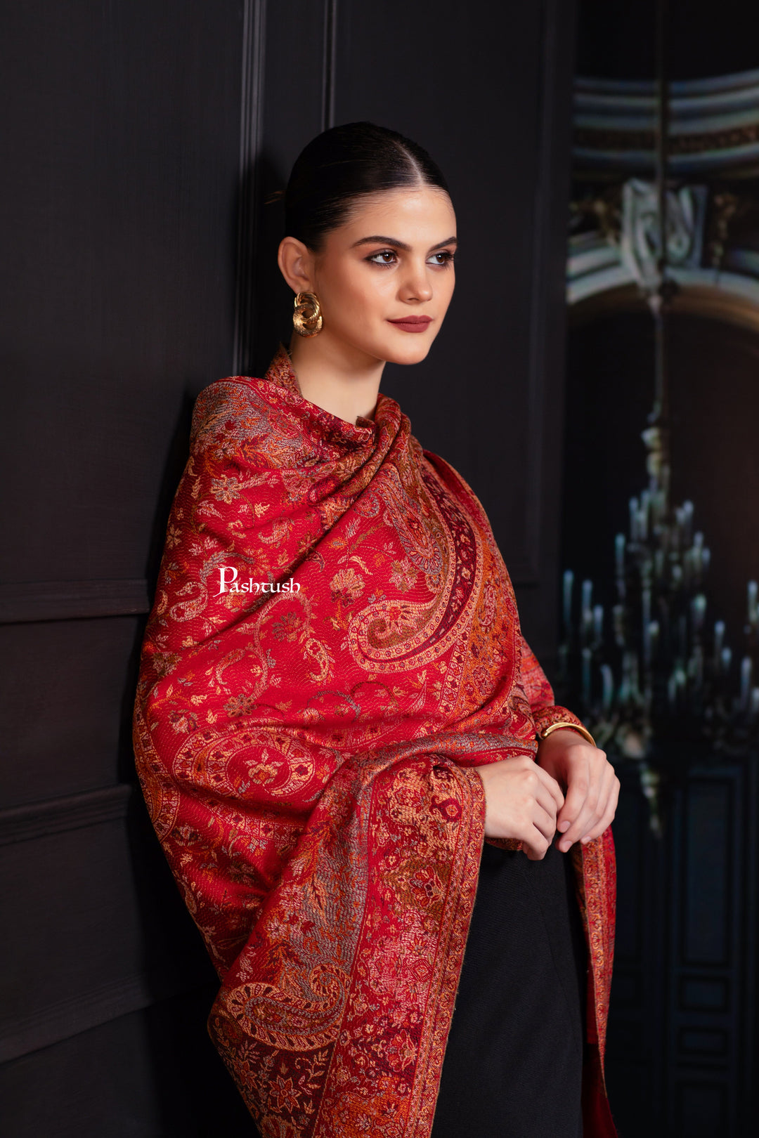 Pashtush India Womens Shawls Pashtush Womens Jamawar Shawl, Ethnic Paisley Design, Maroon