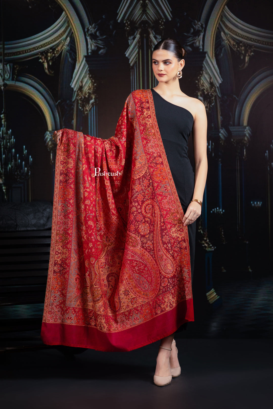 Pashtush India Womens Shawls Pashtush Womens Jamawar Shawl, Ethnic Paisley Design, Maroon