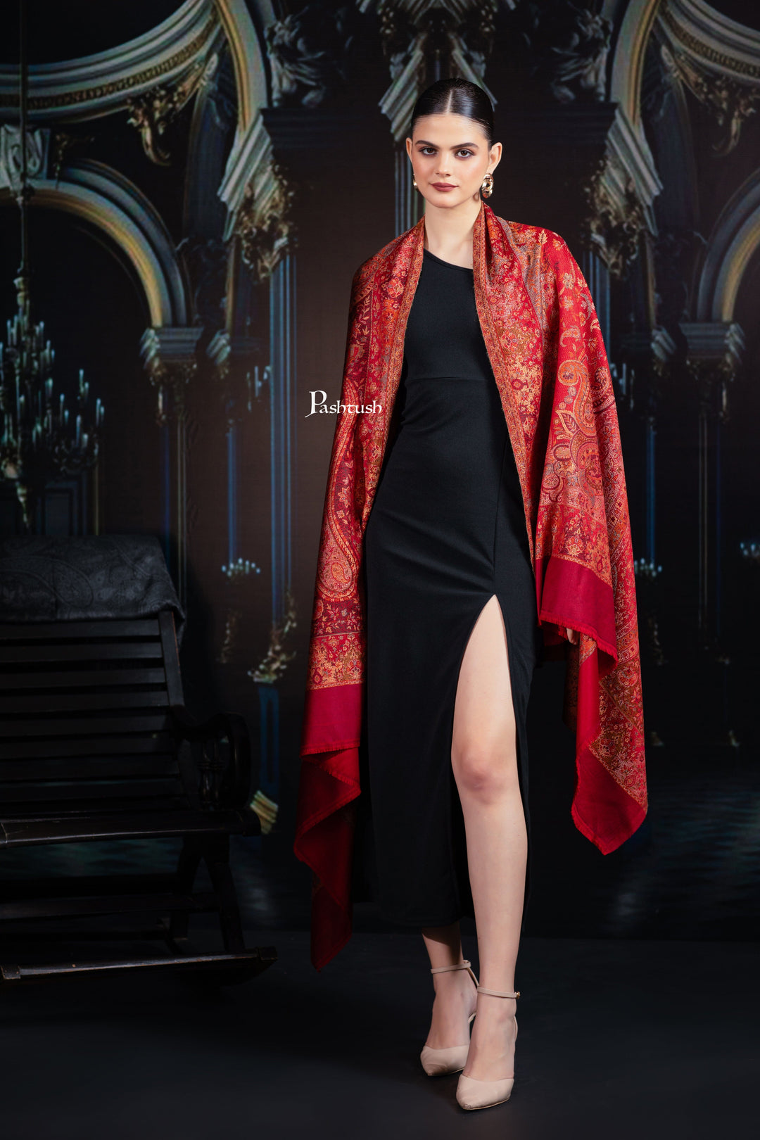 Pashtush India Womens Shawls Pashtush Womens Jamawar Shawl, Ethnic Paisley Design, Maroon