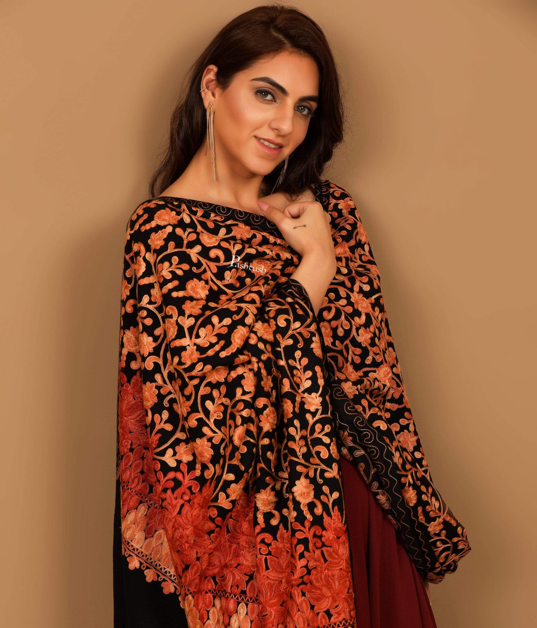 Pashtush India 100x200 Pashtush Womens Jamawar Shawl with Hand Aari Embroidery, Silky Threadwork - Soft Faux Pashmina