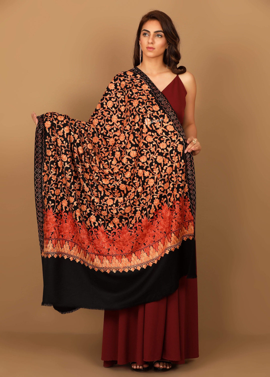 Pashtush India 100x200 Pashtush Womens Jamawar Shawl with Hand Aari Embroidery, Silky Threadwork - Soft Faux Pashmina