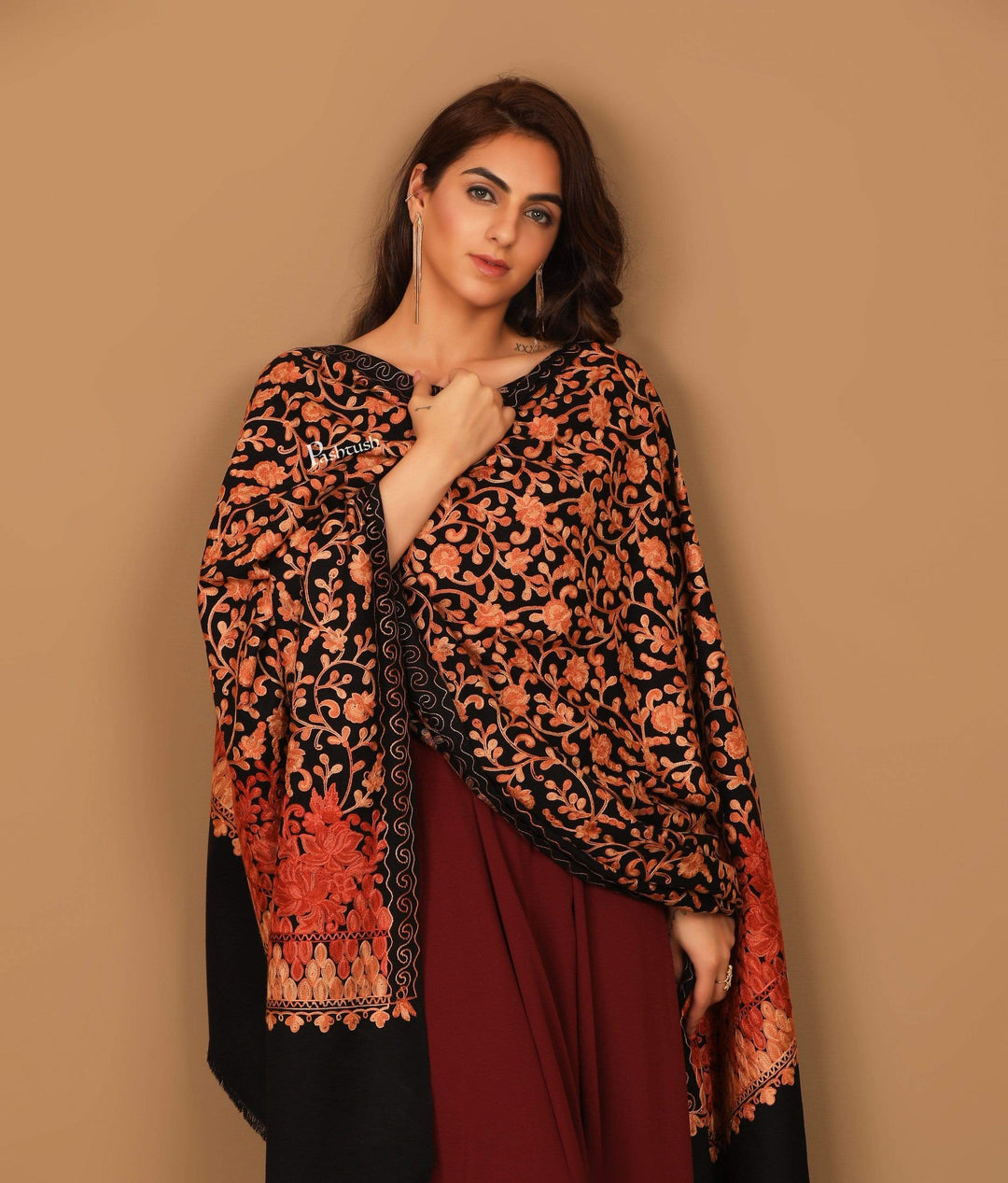 Pashtush India 100x200 Pashtush Womens Jamawar Shawl with Hand Aari Embroidery, Silky Threadwork - Soft Faux Pashmina