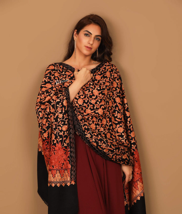 Pashtush India 100x200 Pashtush Womens Jamawar Shawl with Hand Aari Embroidery, Silky Threadwork - Soft Faux Pashmina