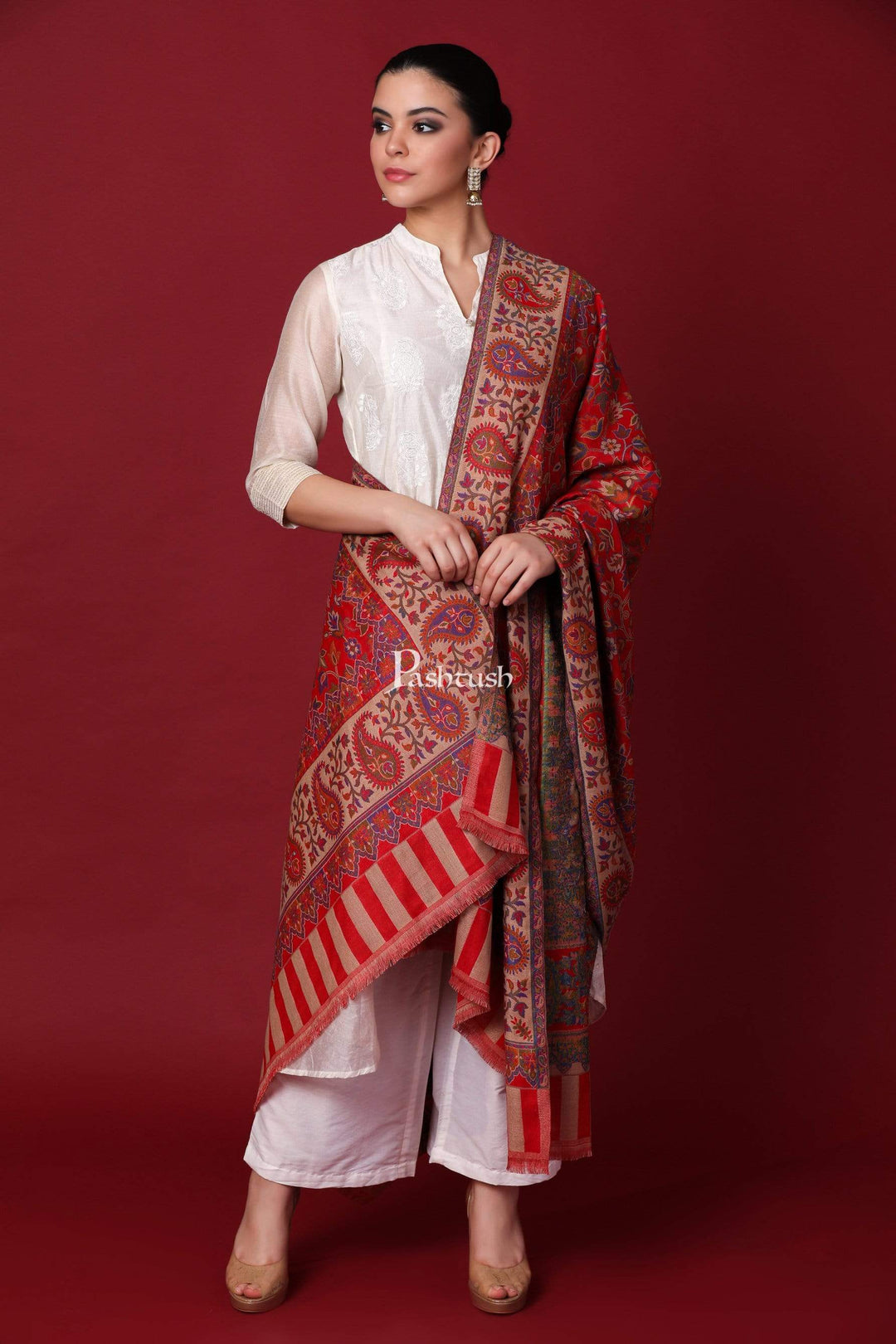 Pashtush Shawl Store Shawl Pashtush Womens Kaani Shawl, Faux Pashmina, Soft and Warm, Red