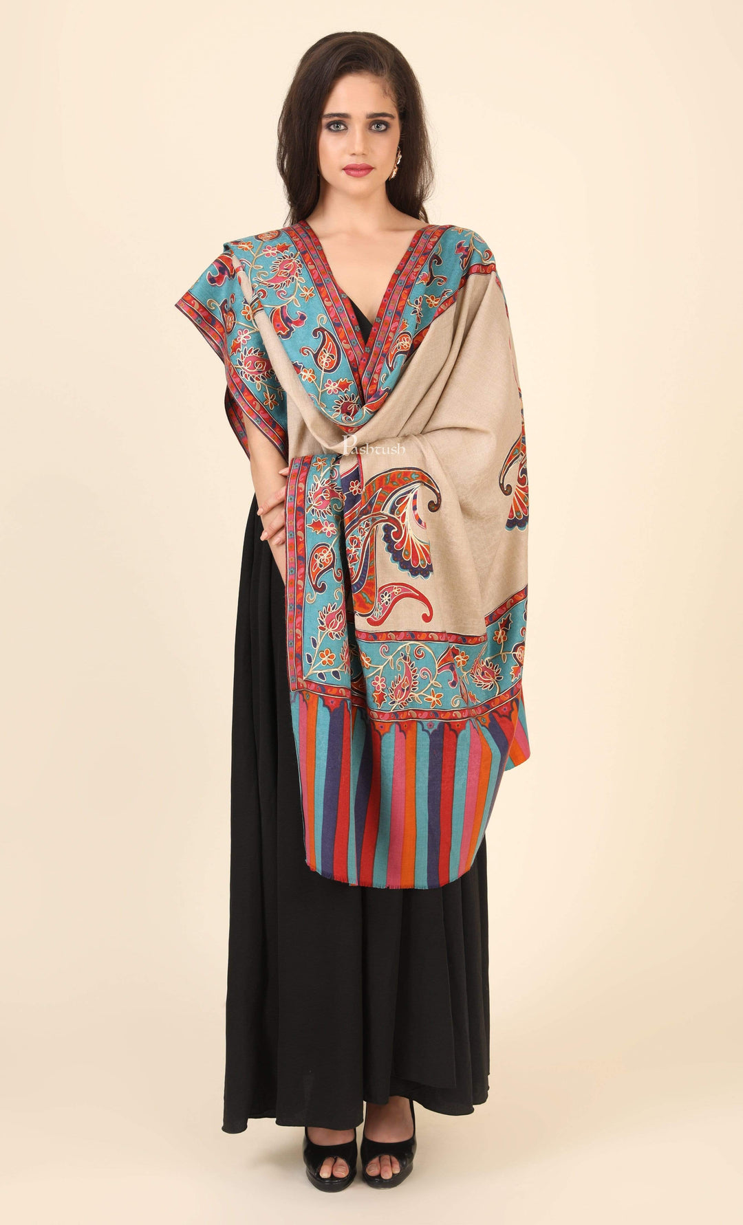 Pashtush India 114x228 Pashtush Womens Kalamkari Embroidery Shawl, Fine Wool Shawls, Medium