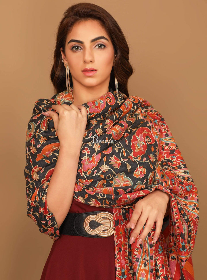 Pashtush India 114x228 Pashtush Womens Kalamkari Outline Embroidery Shawl, Kaani Painted Design, Grey and Black