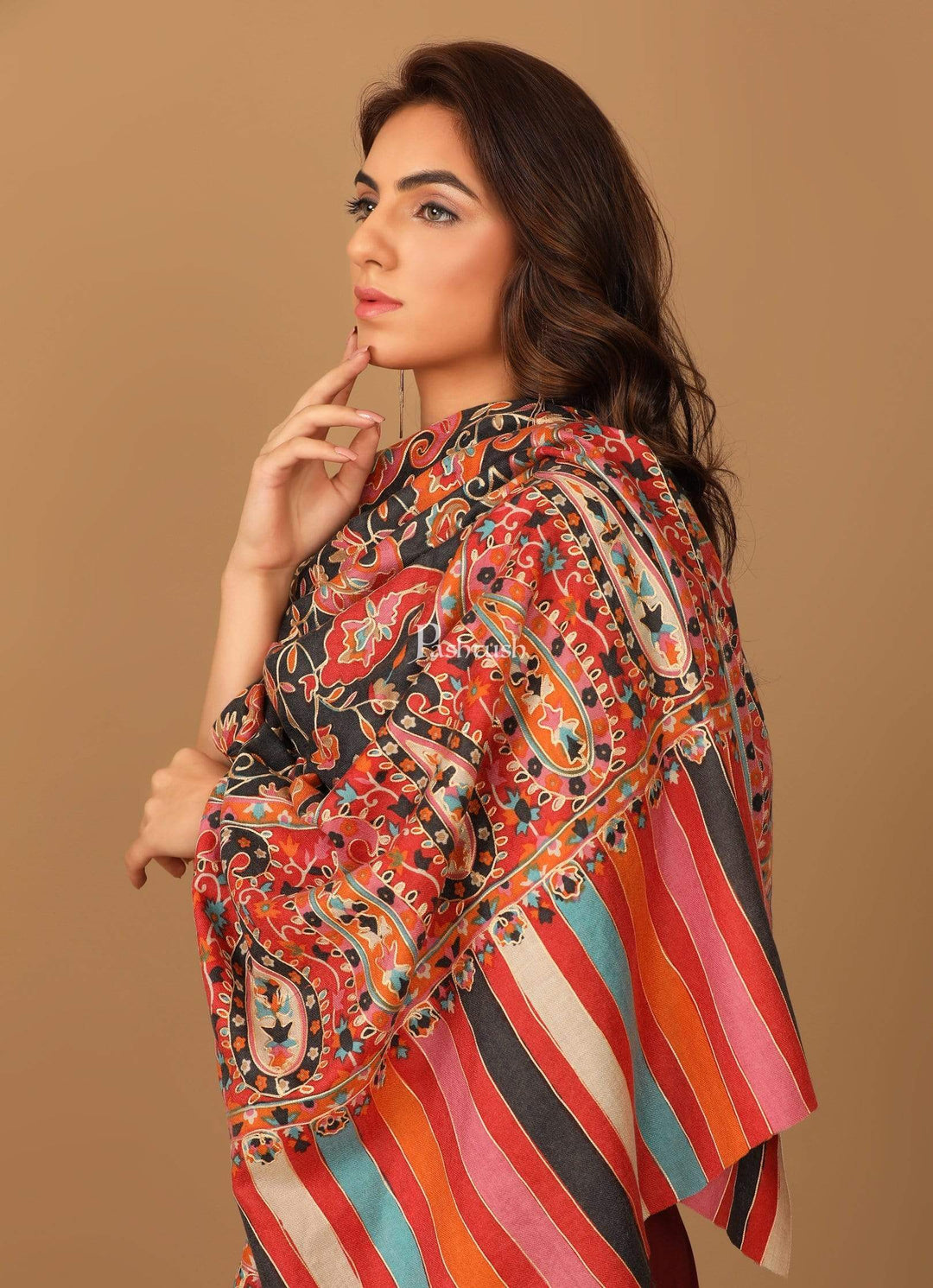 Pashtush India 114x228 Pashtush Womens Kalamkari Outline Embroidery Shawl, Kaani Painted Design, Grey and Black