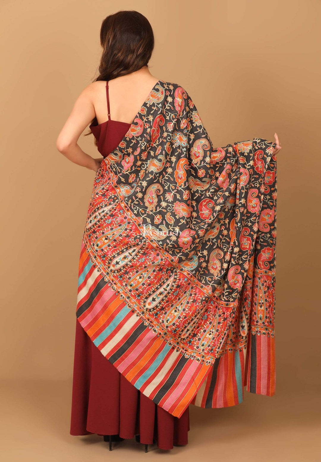 Pashtush India 114x228 Pashtush Womens Kalamkari Outline Embroidery Shawl, Kaani Painted Design, Grey and Black