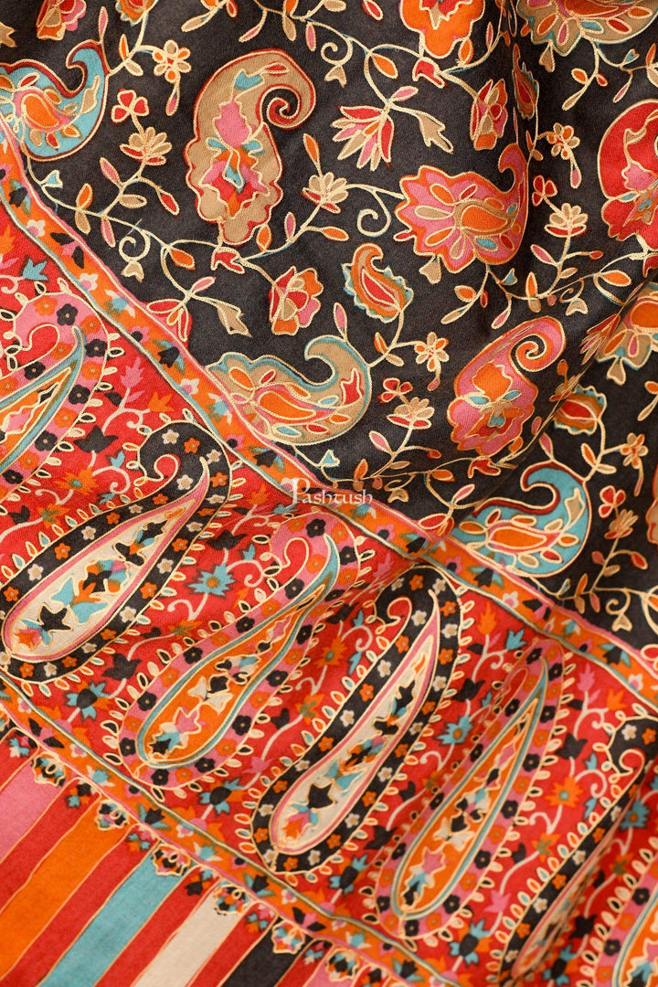 Pashtush India 114x228 Pashtush Womens Kalamkari Outline Embroidery Shawl, Kaani Painted Design, Grey and Black