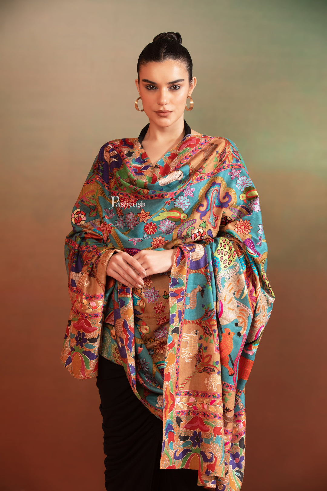 Pashtush India Womens Shawls Pashtush Womens Kalamkari Shawl, Hand Embroidered, Shikaar-Dar Design, Rich Blue