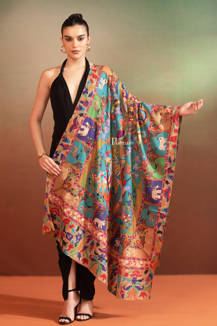 Pashtush India Womens Shawls Pashtush Womens Kalamkari Shawl, Hand Embroidered, Shikaar-Dar Design, Rich Blue
