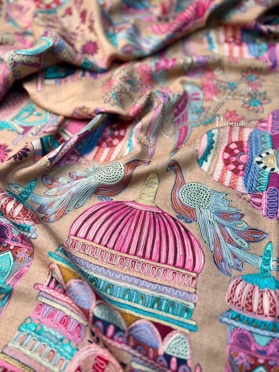 Pashtush India Womens Shawls Pashtush Womens Kalamkari Shawl, Royal Darbar, Hand Embroidered Tilla Work With Resham, Soft Fine Wool