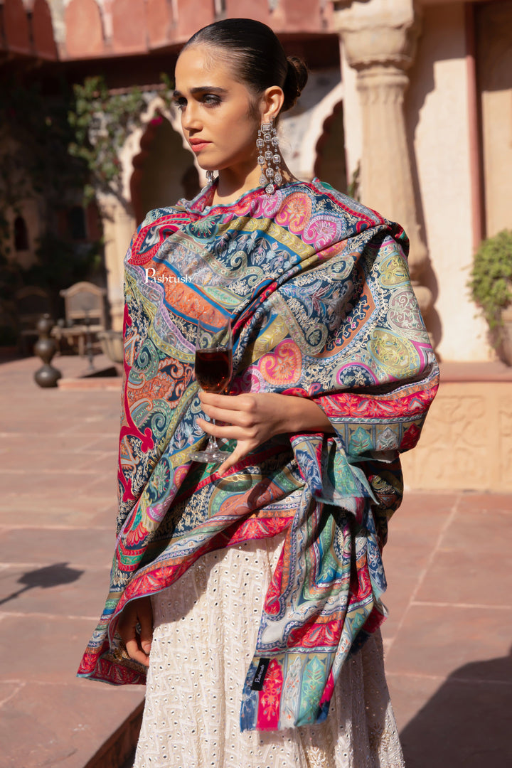 Pashtush India Womens Shawls Pashtush Womens Kalamkari Shawl with Hand Embroidered Outline Work, Fine Wool, Multicolour