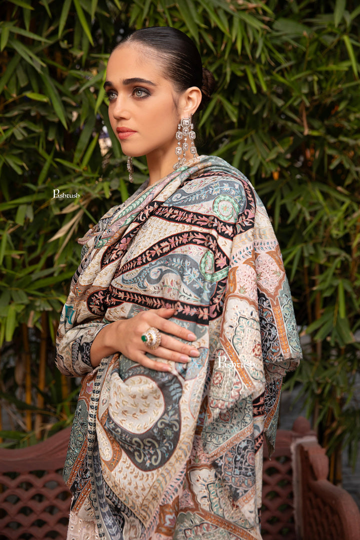 Pashtush India Womens Shawls Pashtush Womens Kalamkari Shawl with Hand Embroidered Outline Work, Fine Wool, Pastels