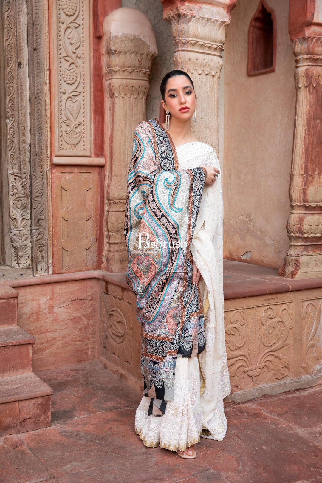 Pashtush India Womens Shawls Pashtush Womens Kalamkari Shawl with Hand Embroidered Outline Work, Soft Fine Wool