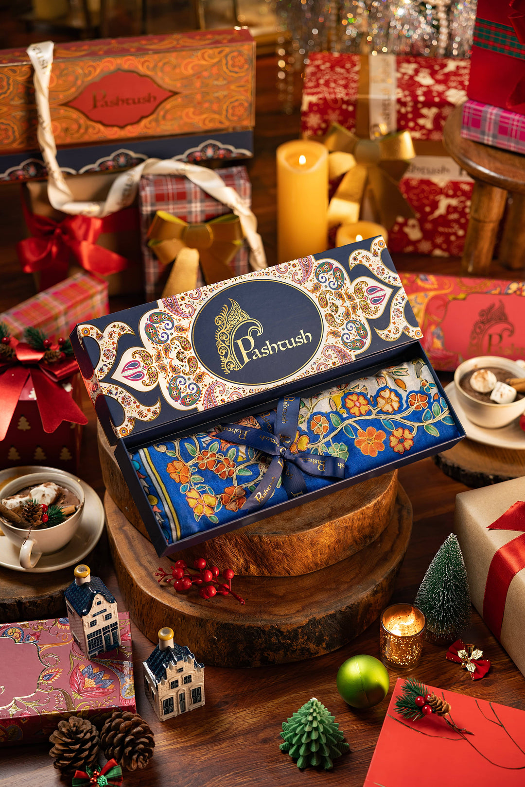 Pashtush India Gift Pack Pashtush Womens Kalamkari Stole, Outline Hand Embroidery, Blue and Ivory, Seasons of Bloom