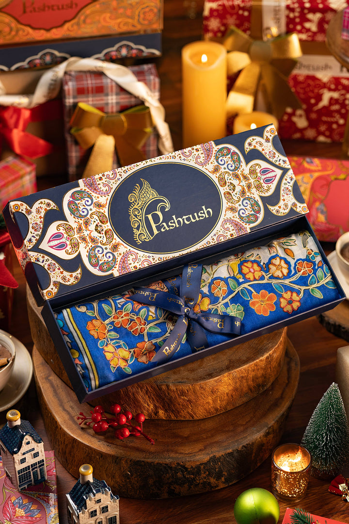 Pashtush India Gift Pack Pashtush Womens Kalamkari Stole, Outline Hand Embroidery, Blue and Ivory, Seasons of Bloom