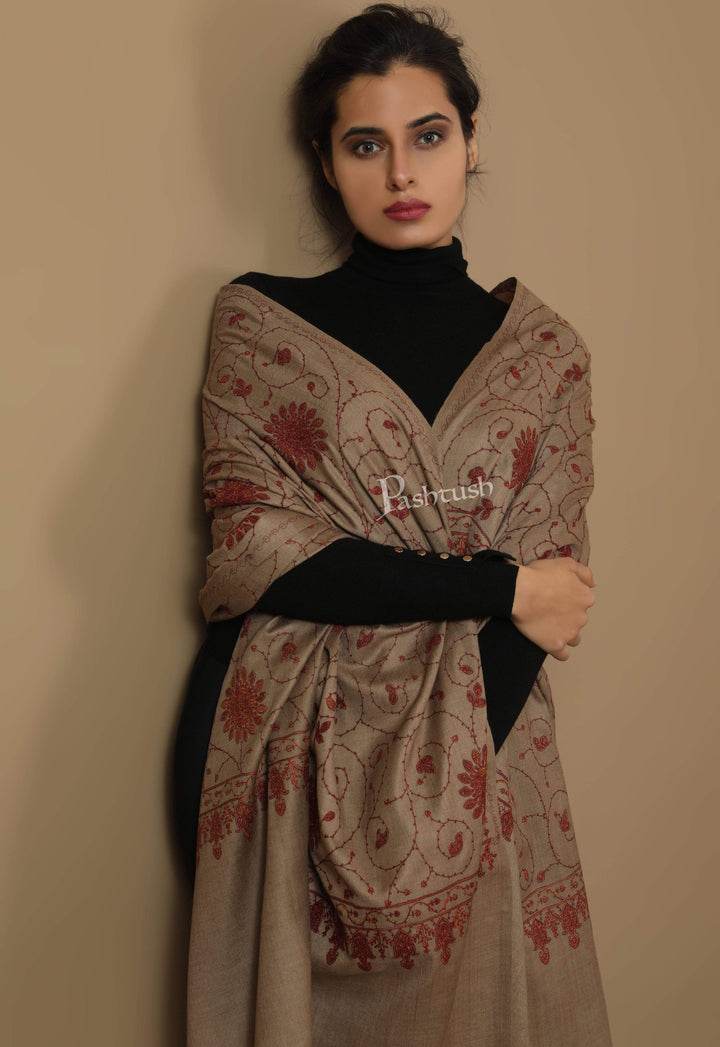 Pashtush India Shawl Pashtush Womens Kashmiri Embroidery Jaal, Fine Wool, Taupe
