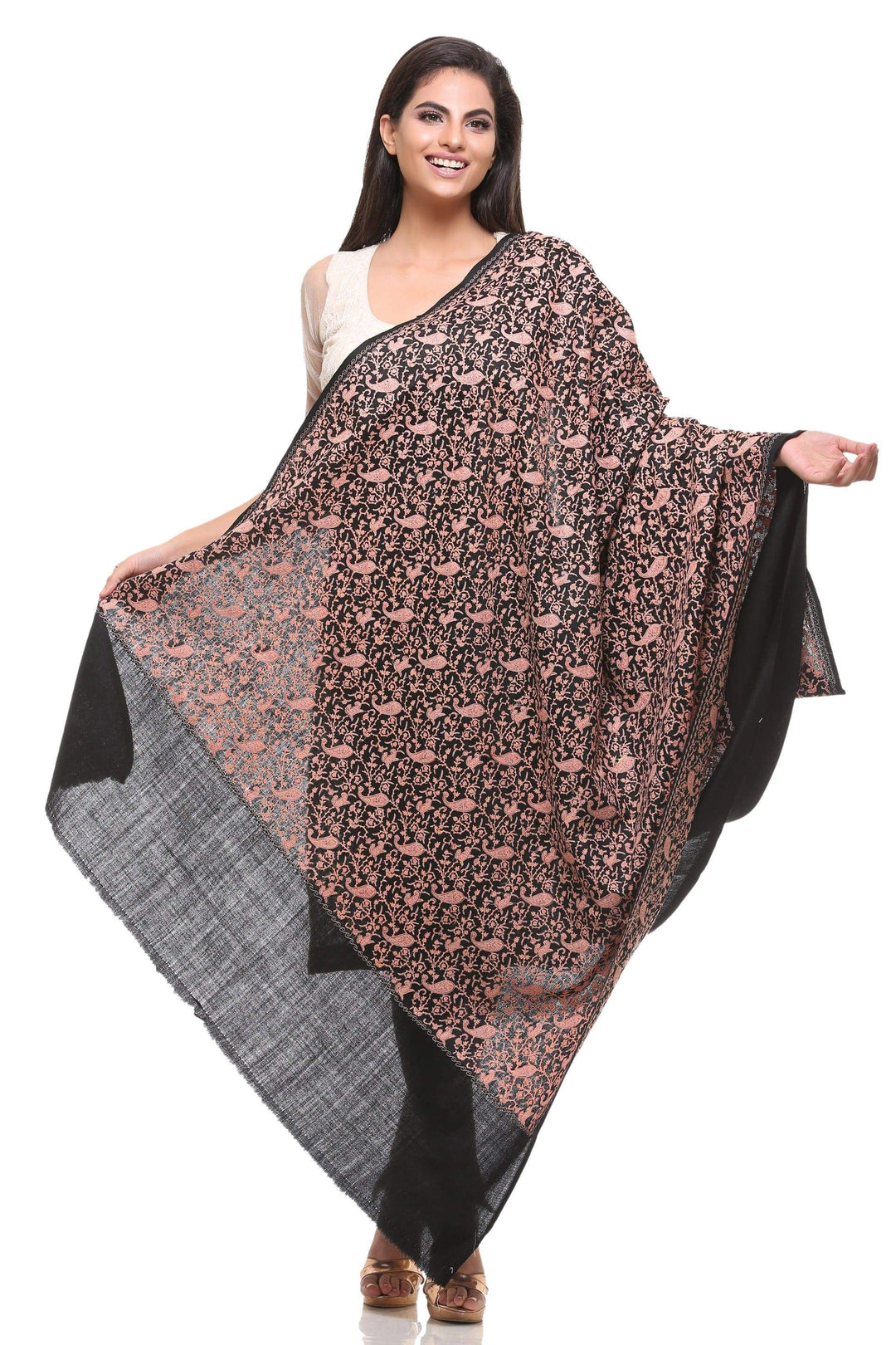 Pashtush India Shawl Pashtush Womens Kashmiri Embroidery Shawl, Heavy Design, Silk Thread Needlework, Black